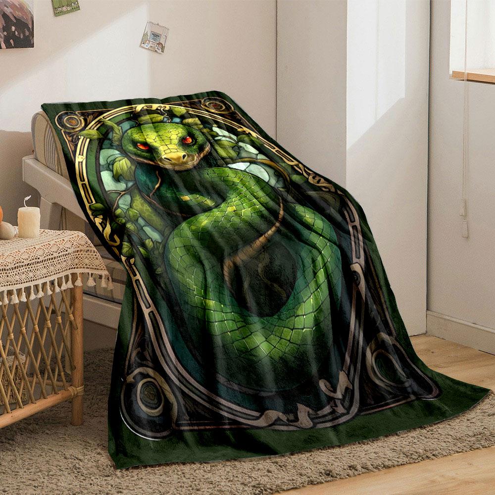 Art Nouveau Style Green Coiled Snake Blanket Bedroom Blanket for Livingroom Couch Lunch Break Soft Throw for Friend's Festival Gift