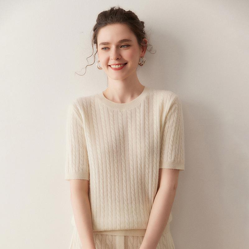 Lekasha Women's Pure Cashmere Loose Short Sleeve Cable Knit Pullover
