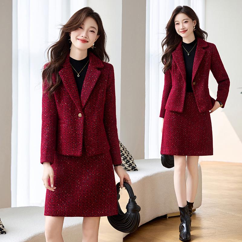 

Осенне-зимний костюм с воротником, хлопковое пальто с подкладкой и юбка миди, комплект из двух предметов XA8027 M 45-52.5 kg красный