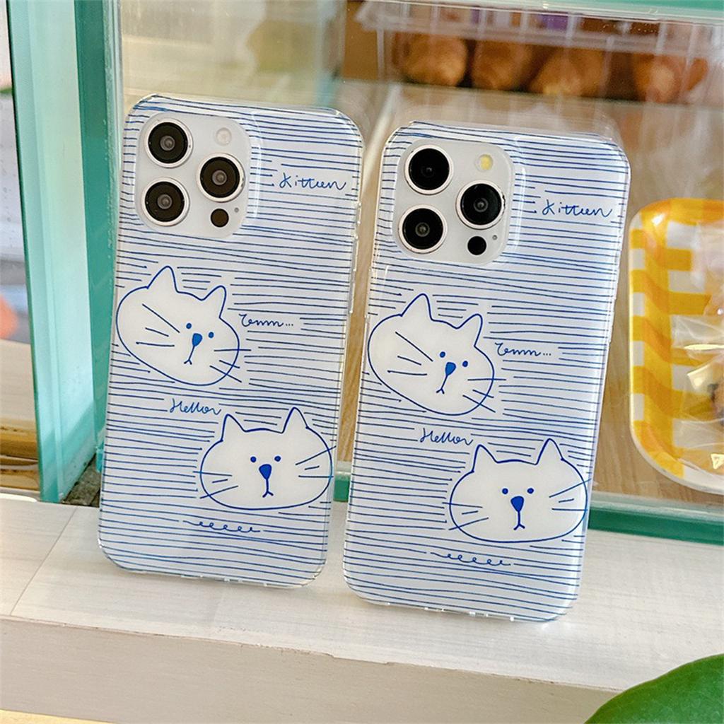 White Background IMD Mobile Phone Case Blue Double Cat Frosted Personality Small Fresh Simple Cute Cartoon Cute Ins Style Mobile Phone Case