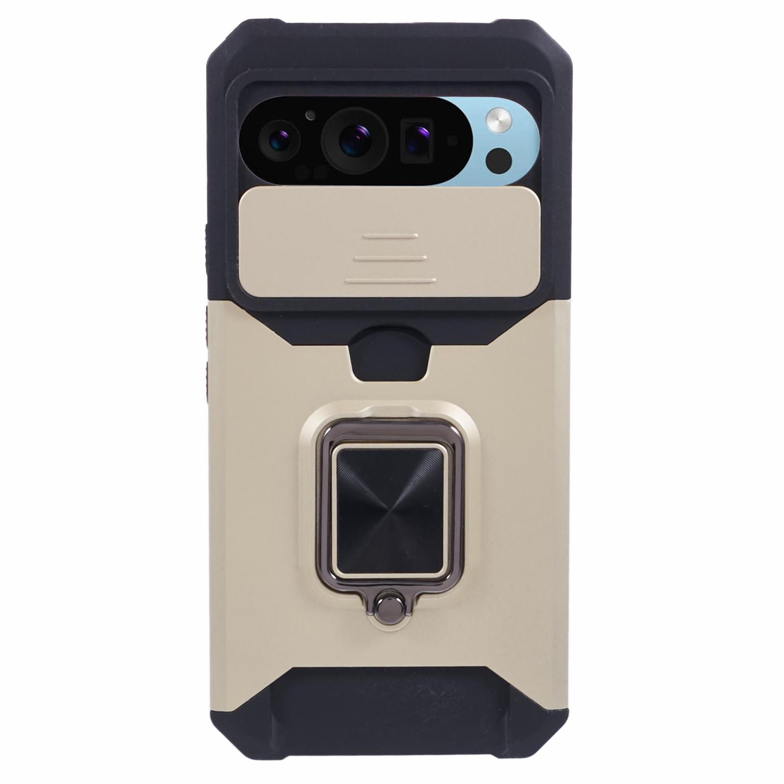 

For Google Pixel 9 Pro XL Kickstand Case Slide Lens Lid PC+TPU Phone Cover with Card Holder Gold