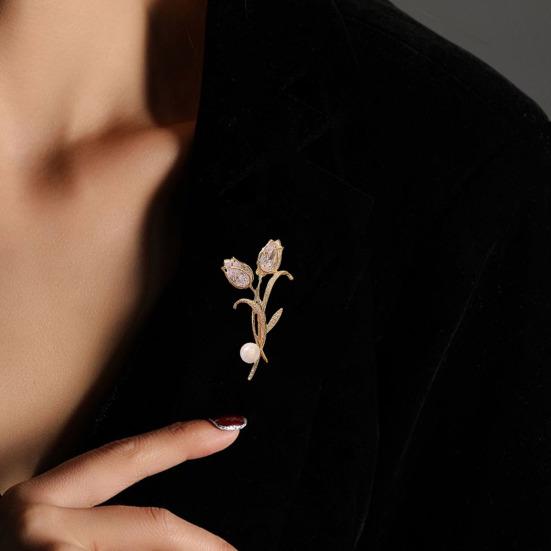 Women Brooch Sparkling Cubic Zirconia Imitation Pearl Decor Tulip Design Lapel Pin Sweater Scarf Holder Jewelry Accessories
