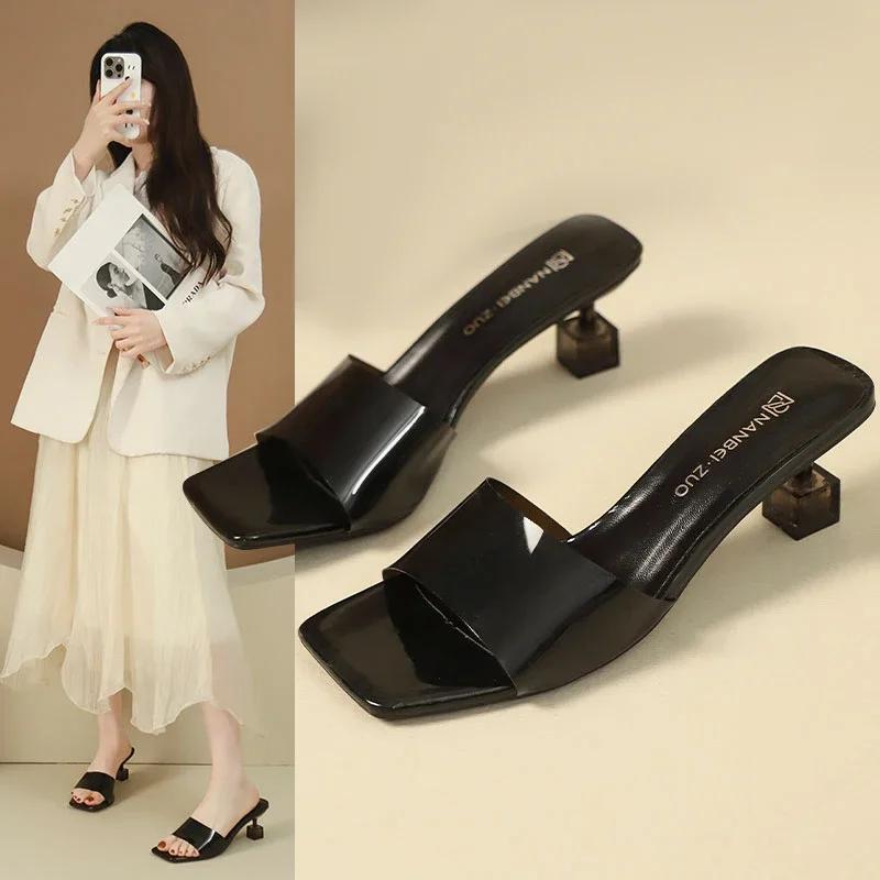 

Fashion Patent Leather High-heeled Sandals and Slippers for Women 2025 Summer New Versatile Thin Heel Square Toe Open Toe Sexy 43 чёрный
