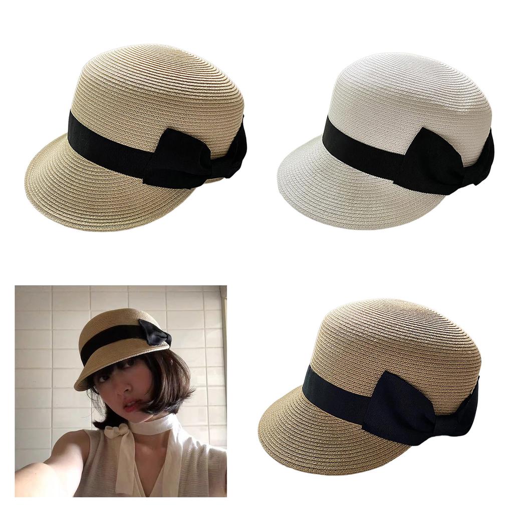 Handgefertigter Strohhut Eleganter geflochtener Gürtel Verzierter Sonnenhut für Frauen Party Britischer Strandhut Stroh Damen Strickstrohhut