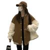 Oversized Fleece-Lined Baseball Jacket Men Women Streetwear Loose Fit Hoodless Coat In Black Khaki