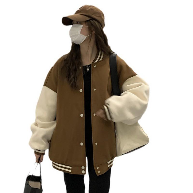 Oversized Fleece-Lined Baseball Jacket Men Women Streetwear Loose Fit Hoodless Coat In Black Khaki