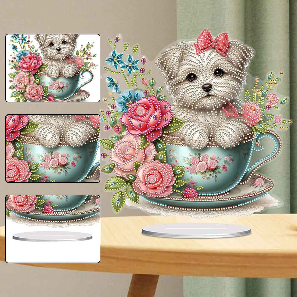 2D Flat Teacup Puppy Print DIY Table Top Diamond Painting Ornament Kits Desktop Diamond Art Kits for Home Office Desktop Decor