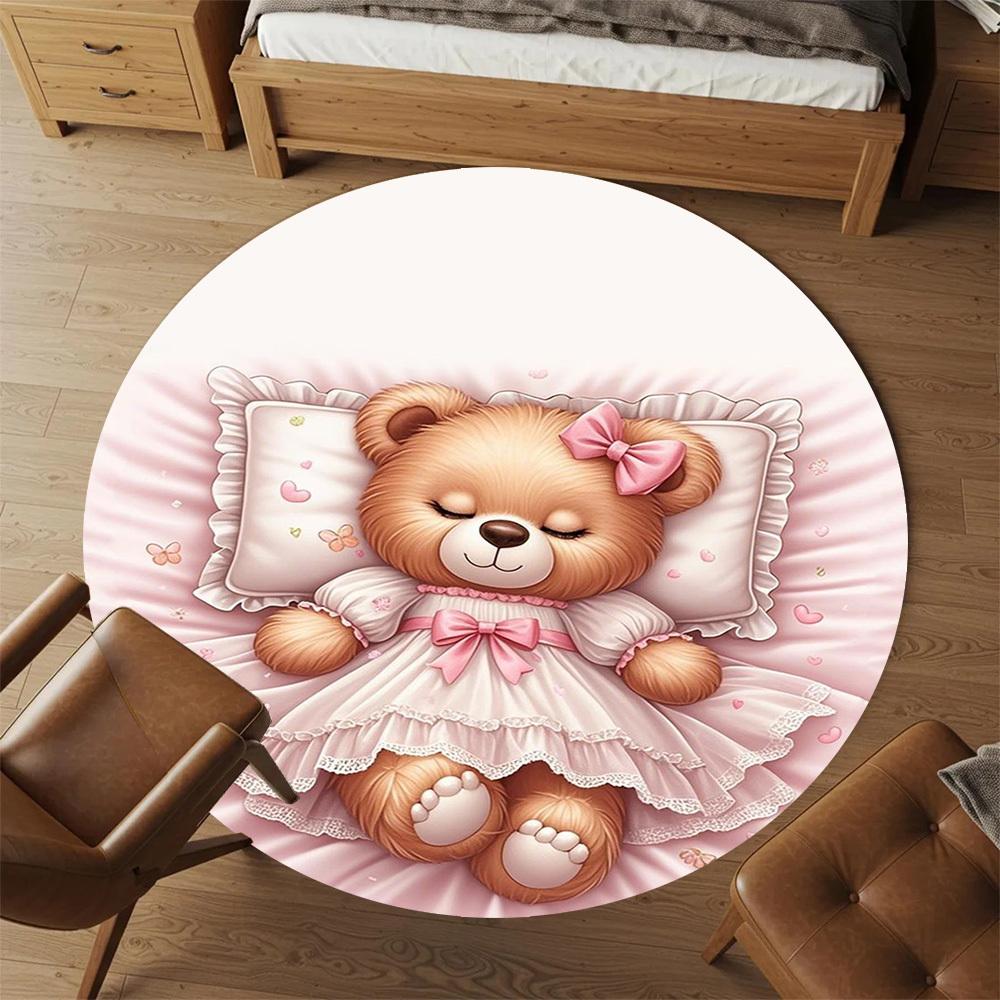 1PC Teddy Bear Pink Dress Sleep Round Chair Mat Area Rug - Non-Slip, Floor Mat for Office, Bedroom, Home Decor Christmas Gift C0528108