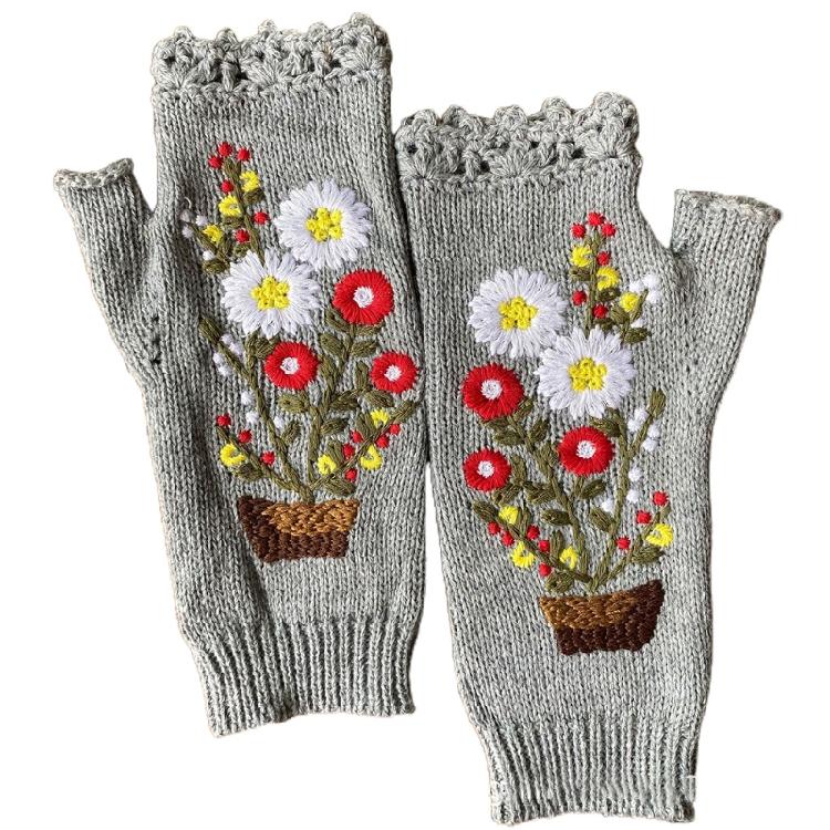 Fingerless Warm Gloves Knitted Mittens Stretchy Cartoon Embroidery Flower Mitten