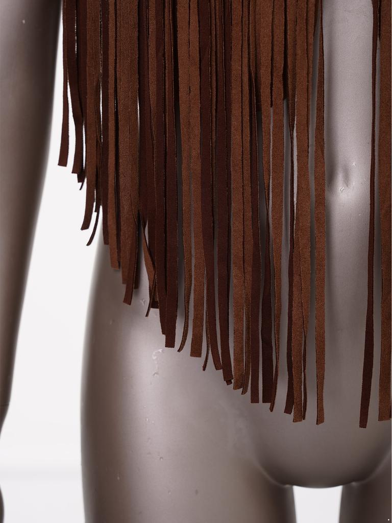 Faux Suede Cowgirl Fringe Waistcoat Women Sparkly Rhinestone Tassel Sleeveless Open Front Vest for Halloween Cosplay Theme Party