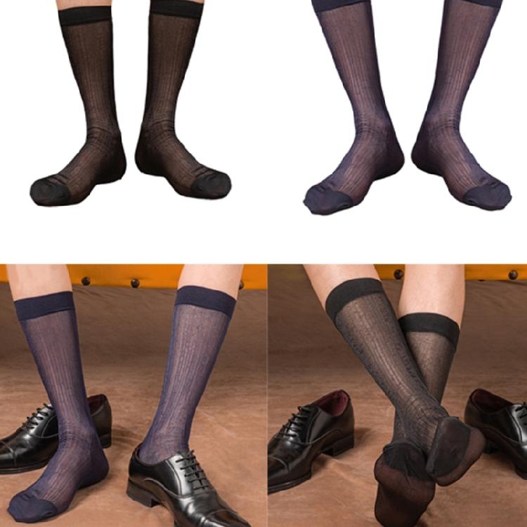 Mens Thin Sheer Silk Formal Dress Suit Socks Casual Business Socks Nylon Breathable Glossy Striped Long Calf Socks