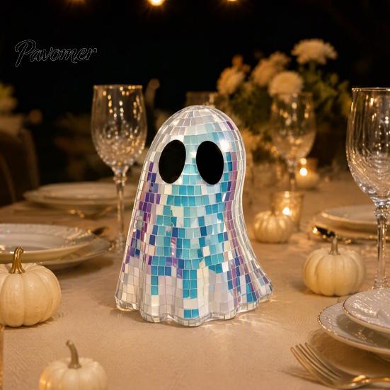 Reflective Mosaic Art Disco Ghost Tabletop Ornament, Iridescent Mirror Figurine, Retro Holiday Atmosphere Ornament Halloween Party Decor, Cute Spooky