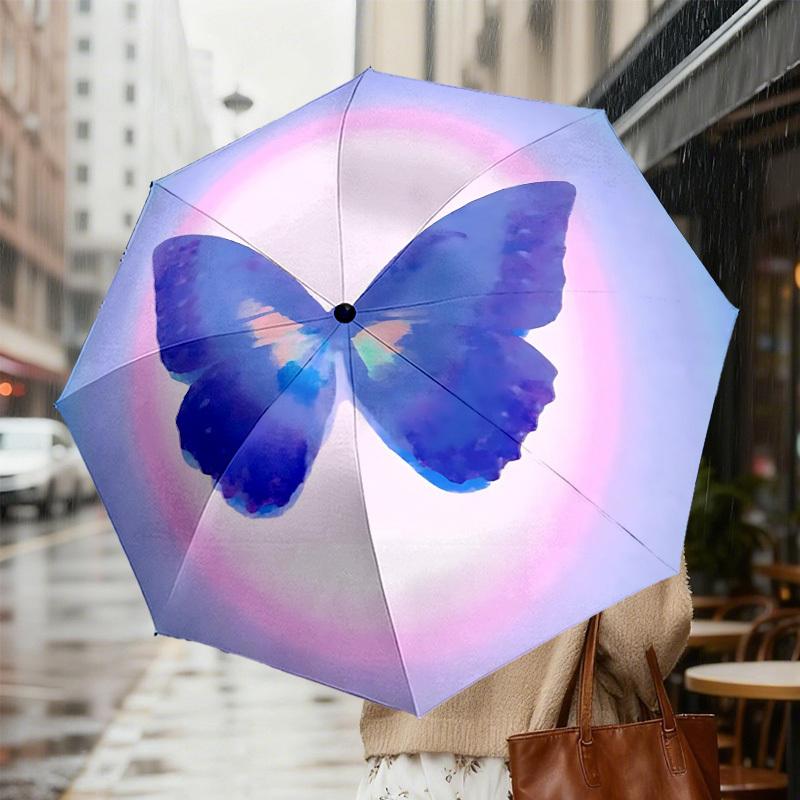 1pc Butterfly Rainbow Automatic Folding Umbrella 8 Rib Iron Frame,  Suitable for Travel, Daily Use, Birthday, Women & Men Gift c1231038