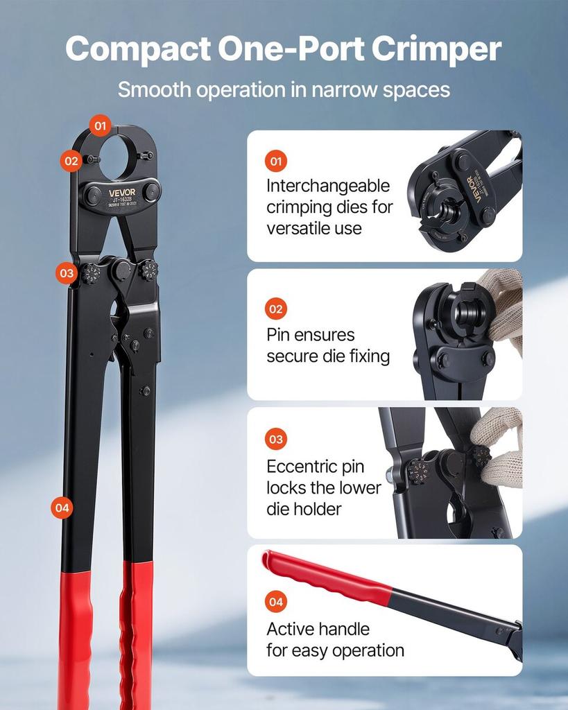 Pipe Crimping Tool Kit, PEX & Aluminum-Plastic Tube Crimper with TH12 TH16 TH20 TH26 TH32 Jaws & Bendable Handle, Compact Single-Port Crimper with