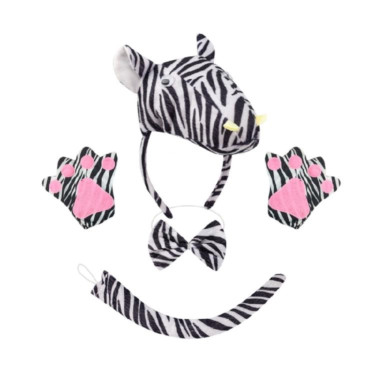 Set Accesorii Costum Zebră 1/3/4 Bucăți Set Kit Accesorii Bandă de Păr cu Urechi de Zebră, Papion, Coadă, Mănuși pentru Costume de Zebră pentru Copii