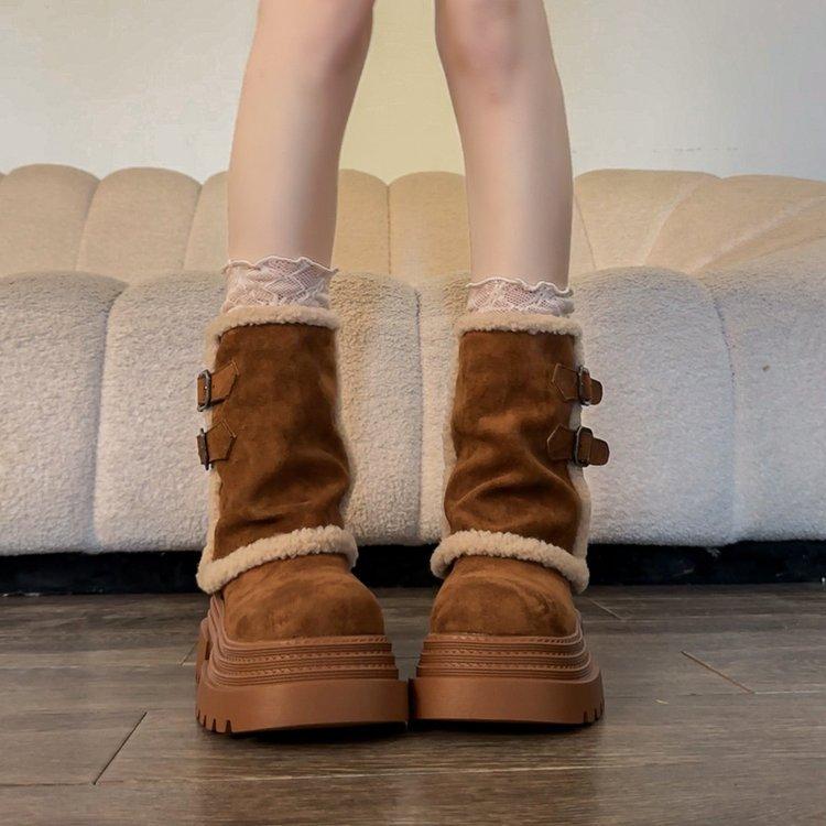 Thick-soled medium tube snow boots women's 2025 new winter new Northeast integrated plush warm thickened fluffy cotton shoes