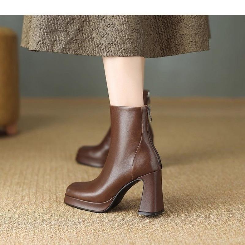 Fashion 2025 New Fall Winter Platform Back Zip Block Heel Booties Brown Vintage Boots
