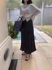 Women's Black Polka Dot Pleated A-line Mid-Length Skirt with Elastic Waist - 2025 Spring/Summer Trend