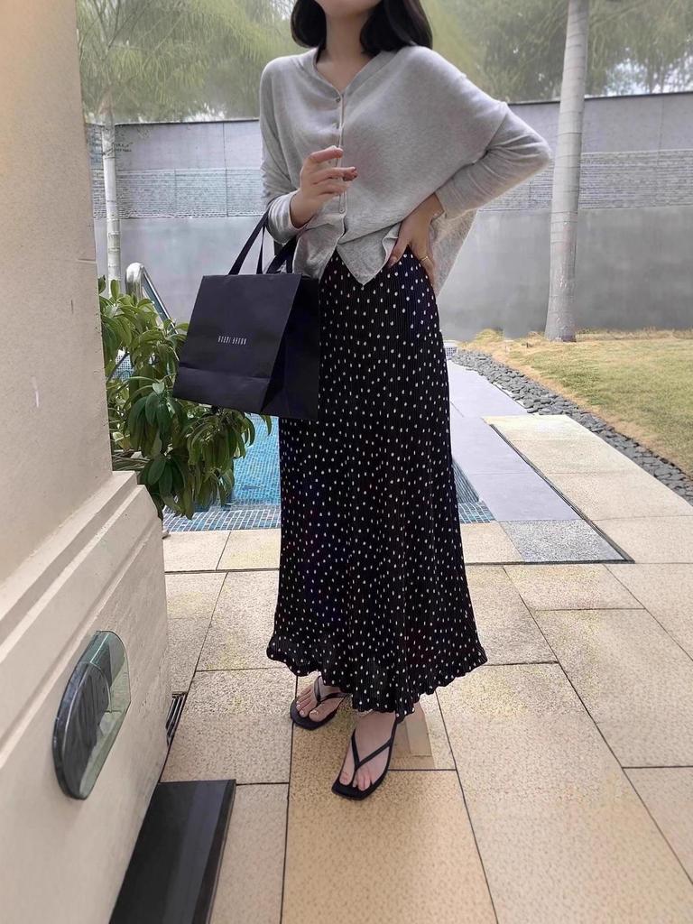 Women's Black Polka Dot Pleated A-line Mid-Length Skirt with Elastic Waist - 2025 Spring/Summer Trend