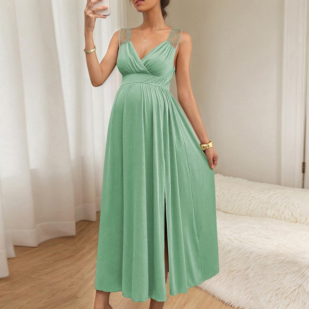 Women's Lace Shoulder Strap Pregnant Women's Long Dress Deep V Split Pregnant Women's Dress