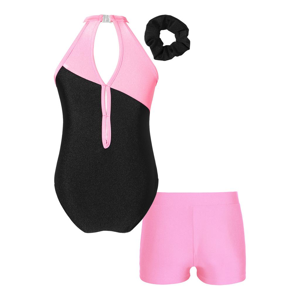 Girls Sleeveless Rhinestones Decorated Patchwork Leotard Hair Band V Front Waistband Shorts Gymnastics Training Dance Set