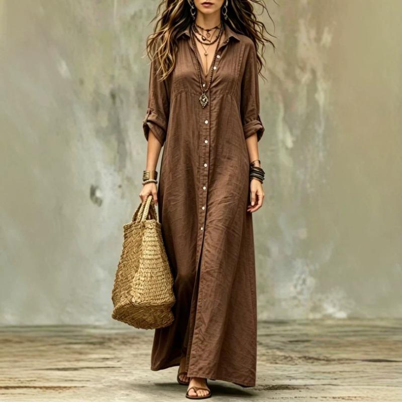 BITCED Fashion Spring Autumn Solid Color Print Long Sleeve V-Neck Casual Dresses