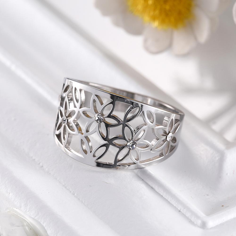 Hollow Elegant Flower of Life Ring Stainless Steel Ladies and Girls Zircon Vintage Ring Leisure Engagement Jewelry Wedding Lover