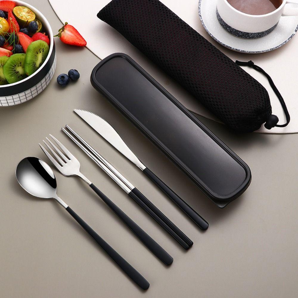 4pcs/Set 304 Stainless Steel Tableware Set with Case Bag Chopsticks Spoon Fork Knife  Camping