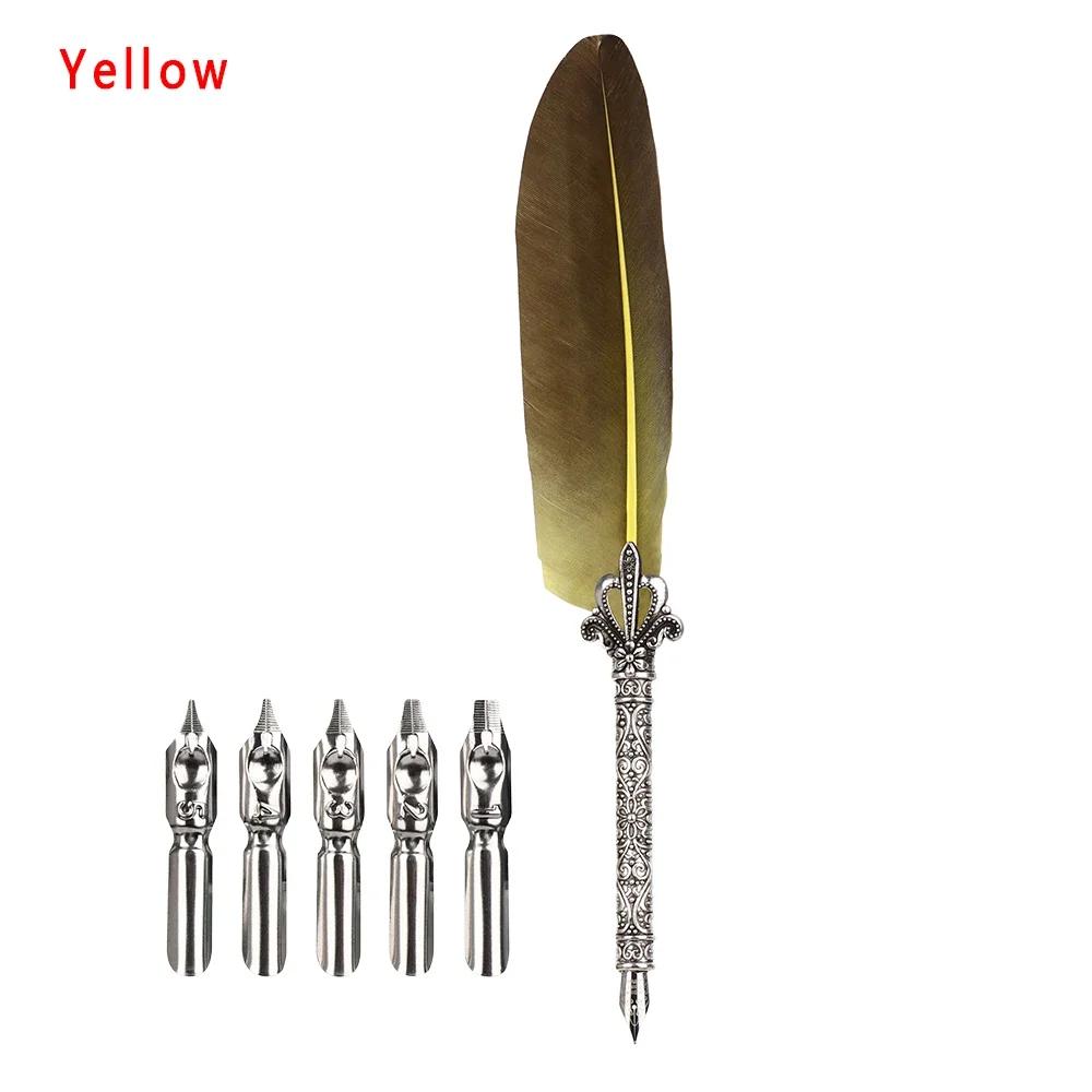 1 Set Multicolor Retro Quill Dip Pen Turkey Feather Pen Quill Oblique + 5 Nibs+ Pen Set Gift Writing Tools Office School Supply