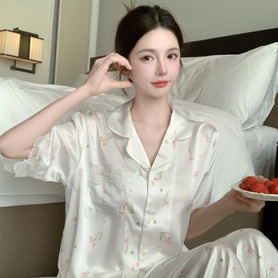 Women’s Summer Spring Ice Silk Pajama Set Short Sleeve Top and Long Pants Printed Lightweight Cool Satin Loungewear