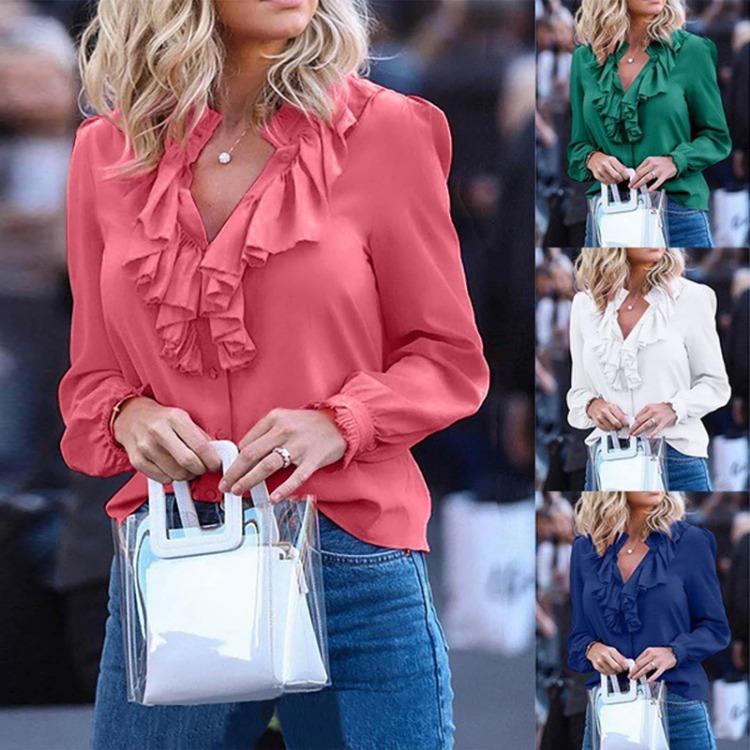 Chiffon Top with Ruffle V Neck Winter Color Womens Fashion Blouse