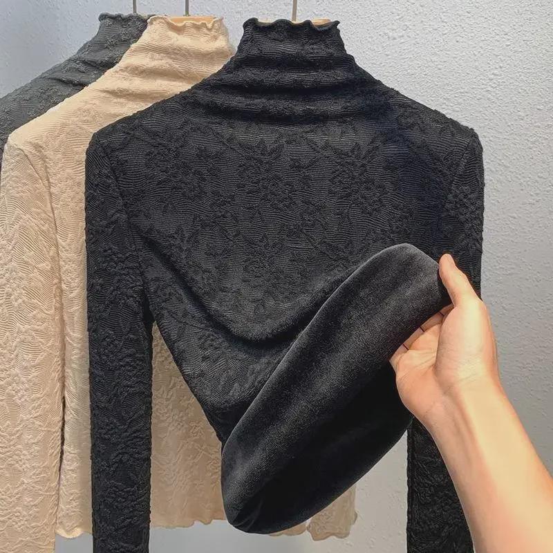 Women's Plus Size Velvet Lace Bottoming Shirt - Warm Half High Collar Mesh Top for Autumn/Winter 2024