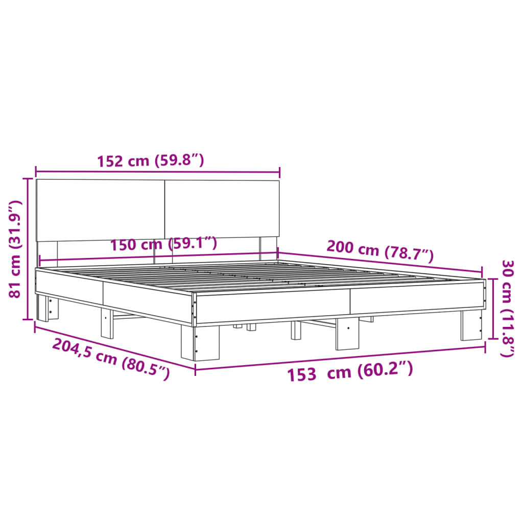 Bed Frame Gray Sonoma 150x200 cm Particleboard and Metal