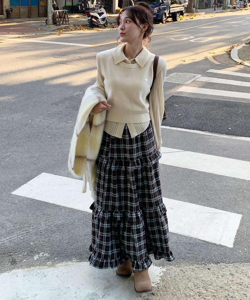 BELLOL Winter Shirring Long Skirt Check Brown