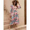 Real spot European and American multi-color irregular geometric printing deep v waist lantern long sleeve big pendulum dress