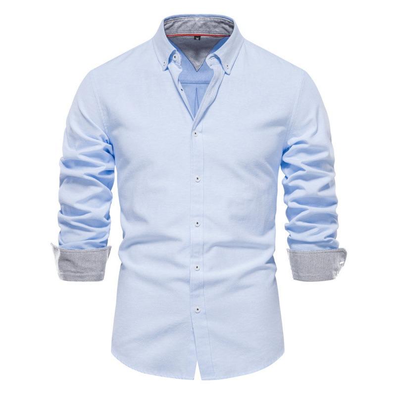 Men's Long Sleeve Button-Up Shirt, Cotton Blend Color Block Collared Shirt, Breathable Wrinkle-Free Casual Top