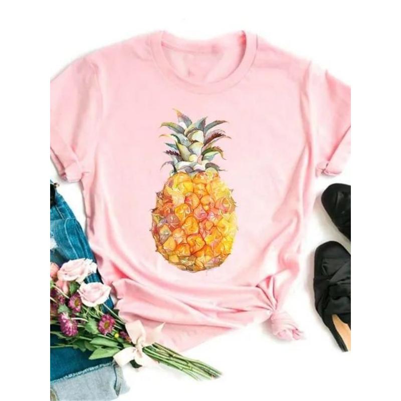 Maycaur Tricou noi pentru femei, Topuri imprimate cu ananas, tricou pentru femei, cu mânecă scurtă, cu decolteu O, tricou pentru femei, cămăși drăguțe de vară