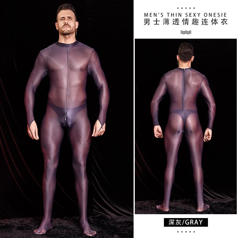 Sexy Men Body Sculpting Tights Oil Shiny Glossy Leotard Elastic Open Zipper Jumpsuit Exotic See Through Catsuit Body Stockings