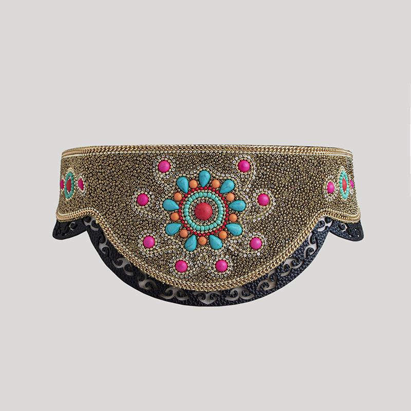 Boho Style Heavy Industry Turquoise Hollow Ethnic Style Pattern Elastic Ethnic Style Yunnan Travel Photo Elastic Tight Women's Waist Seal