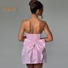 Women Evening Dress Big Bow Decor Bandeau Off Shoulder Floral Texture Sleeveless Lace-up A-line Backless Prom Cocktail Party Ball Gown Summer Mini