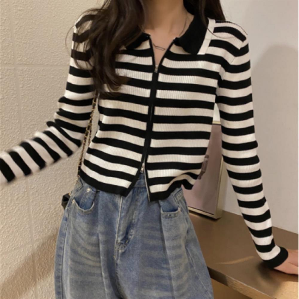 New ArrivalS Open Run Women S Stripe Two Way Zip Up Collar Neck Knit Long Sleeve