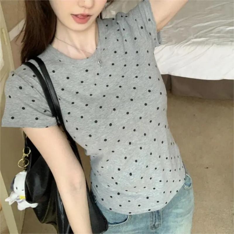 Retro Cotton Right Shoulder Short Sleeve T-shirt Polka Dot Summer New Style Slimming Fashion Hot Girl Versatile Top