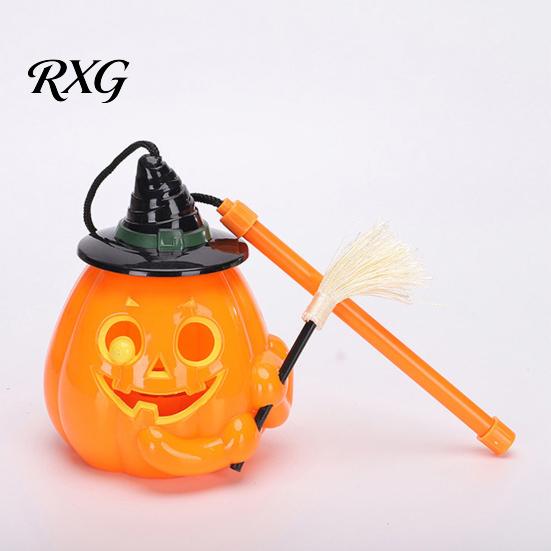 Light Up Pumpkin Decor Glowing Halloween Lantern, Jack O Lantern with Witch Hat Broom, Candy Collecting Decor, Trick or Treat Prop for Kids
