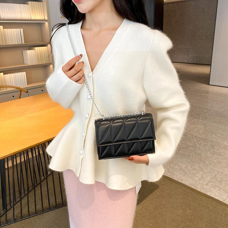 Solid Color Chain Strap Flap Shoulder Bag Ladies Handbags  Embroidery Plaid Crossbody Bags