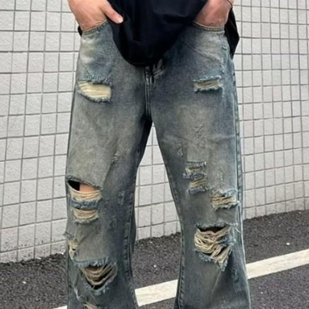 Men Jeans Ripped Hole Washed Wide Leg Straight Distressed Loose Hip Hop Streetwear Casual Multi Pockets Full Length Men Long Pan