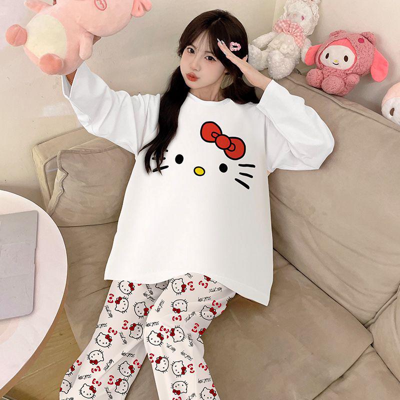 Women's Pure Cotton Cartoon Pajamas, Long Sleeve Spring/Autumn Set, Casual Loose Fit for Home or Outside Wear, Winter Ready