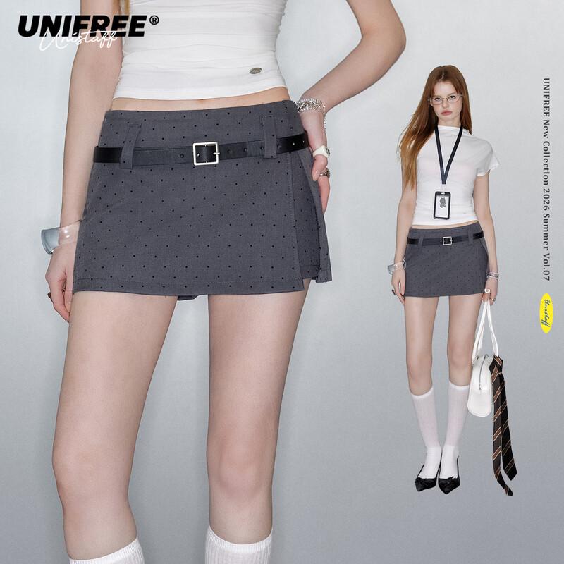 UNIFREE Polka Dot Print A-line Skirt with Belt L