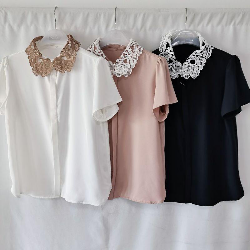 

Export Japanese Single Cut Label Chiffon Lace Collar Hidden Hook Open Short Sleeve Shirt Female White Collar Work Clothing Business Shirt Fairy White without lace collar M