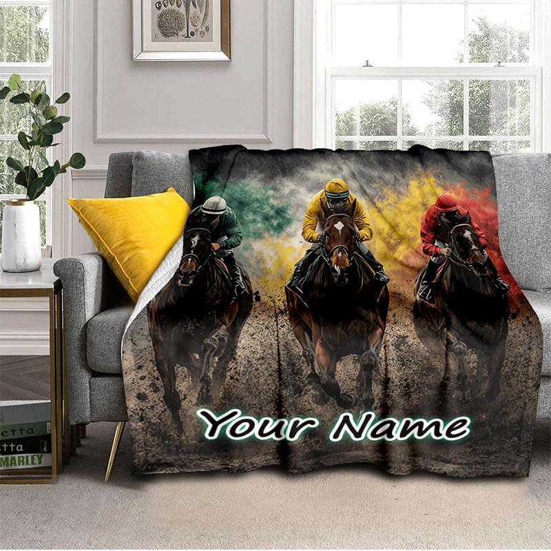1PC Custom Name Horses Forward flannel blanket versatile,all-season throw suitable for the living room,bedroom,camping,travel,and gift