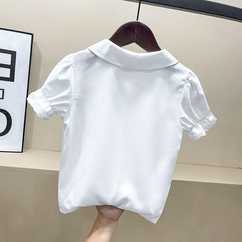 Abbigliamento estivo per bambini Camicie a maniche corte in pizzo dolce Camicie casual Camicie per bambini Moda per ragazze Colletto rovesciato Camicie in tinta unita
